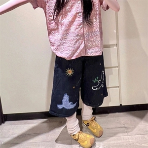 美式复古丹宁趣味刺绣牛仔短裤女夏季阔腿中裤宽松休闲直筒七分裤图片