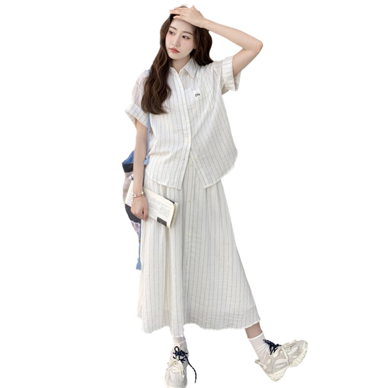 韩系休闲条纹套装裙女2025夏季新款时尚减龄短袖衬衫半身裙两件套,女装套装/套裙,2C176