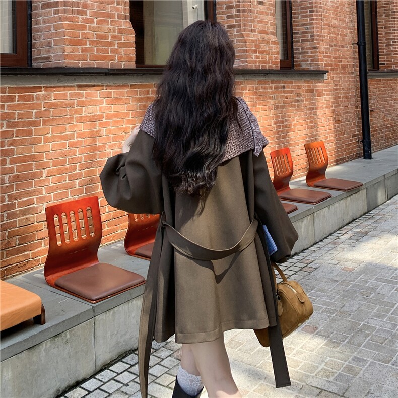 针织披肩系带收腰风衣女中长款2025秋季灯笼袖时尚洋气显瘦大衣女,女装风衣,2C253