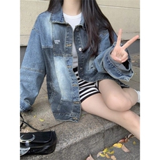 复古蓝拼接牛仔外套男中长款宽松小众设计感拼色ins机车夹克上衣，男装工装外套，星座506A