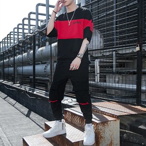 2023夏季潮流时尚T恤男装青少年宽松棉质ins圆领套装F12P68图片
