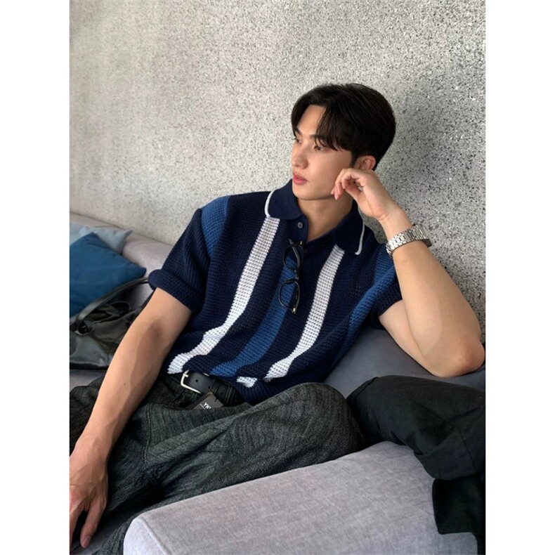 美式复古镂空针织polo衫男撞色条纹宽松短袖卫衣丝光棉冰丝保罗衫,男装T恤,四季星座505