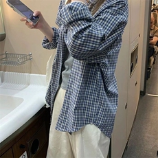 复古蓝色格子衬衫薄款防晒外套女长袖小个子慵懒衬衣宽松春秋上衣，男装防晒衣，星座506A