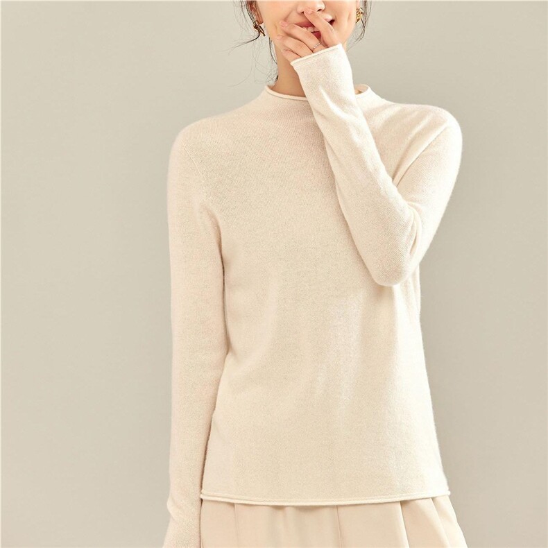 秋冬新款卷边自由领羊绒衫女纯山羊绒宽松卷边打底衫针织毛衣，女装羊绒衫，卓冠羊绒