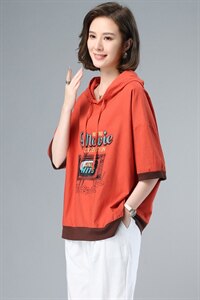 2021夏季新款简约时尚气质减龄印花设计休闲连帽卫衣图片