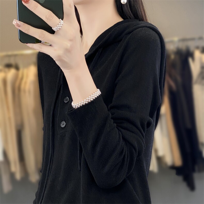 灰色连帽卫衣女春秋薄款带帽打底衫宽松慵懒帽衫短款上衣针织外套,针织衫/毛衣,雪真羊绒