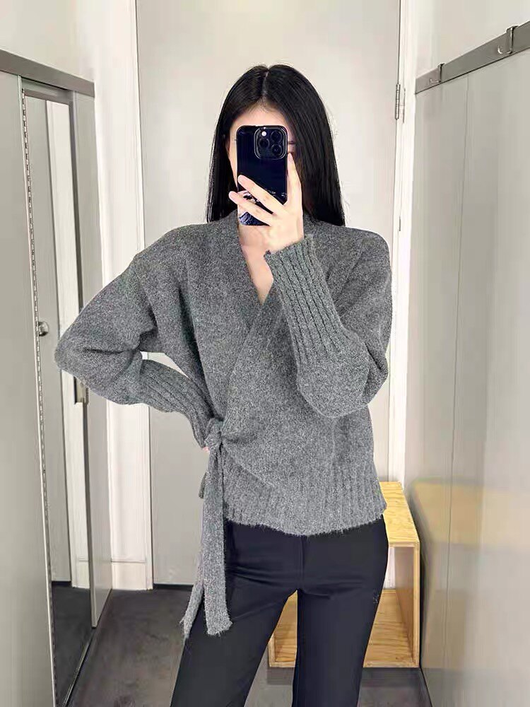 秋冬女装裹式系带V领35%羊绒洋气针织开衫毛衣，女装羊绒衫，以美红杉羊绒