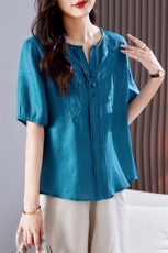 棉麻上衣短袖刺绣衬衫女装2025夏季新款复古减龄高端亚麻苎麻小衫，女装T恤，丽影随形
