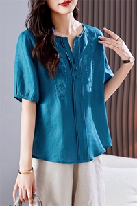 棉麻上衣短袖刺绣衬衫女装2025夏季新款复古减龄高端亚麻苎麻小衫图片 棉麻上衣短袖刺绣衬衫女装2025夏季新款复古减龄高端亚麻苎麻小衫图片