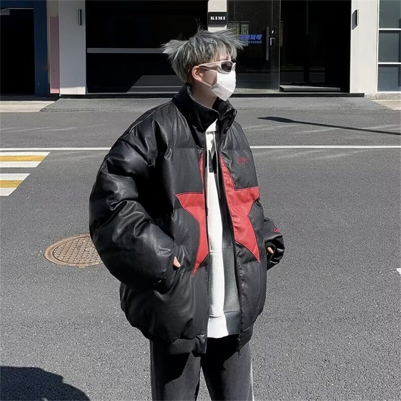 美式高街复古星星PU皮立领棉衣男女冬季加厚棉服W162P95,男装棉衣,星座1116-2