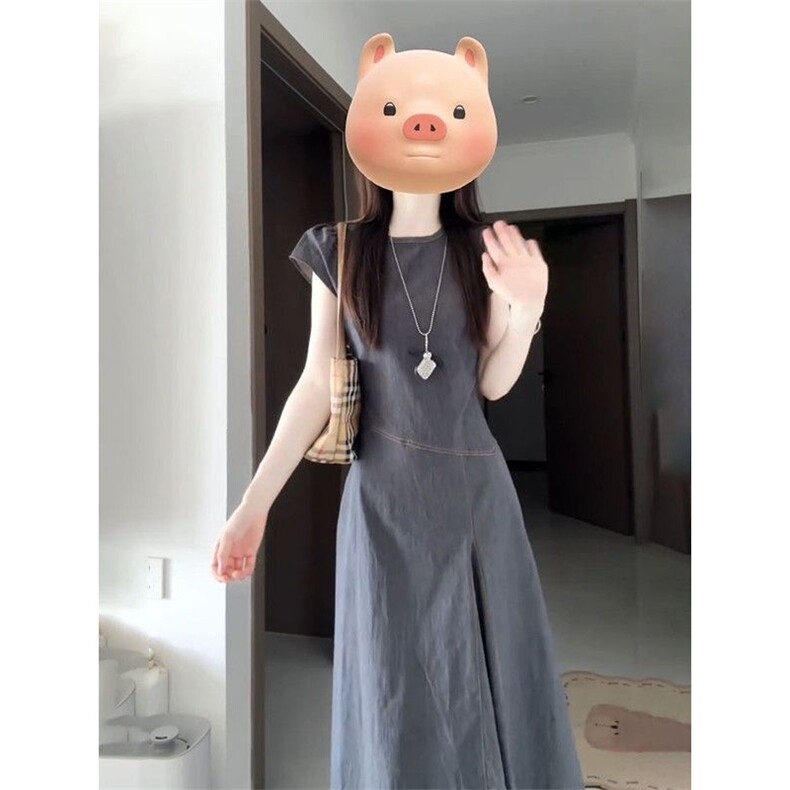 法式收腰灰色气质连衣裙2025夏季不规则圆领显瘦无袖裙子潮，女装连衣裙，星座1210-1