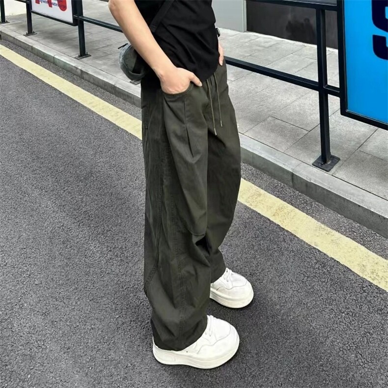 秋季美式复古拼接褶皱休闲裤男款宽松直筒阔腿伞兵工装裤,男装工装外套,星座506A