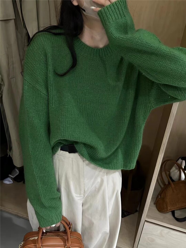 时尚宽松短款针织衫女秋冬加厚圆领小个子毛衣纯色打底衫,针织衫/毛衣,半城羊绒