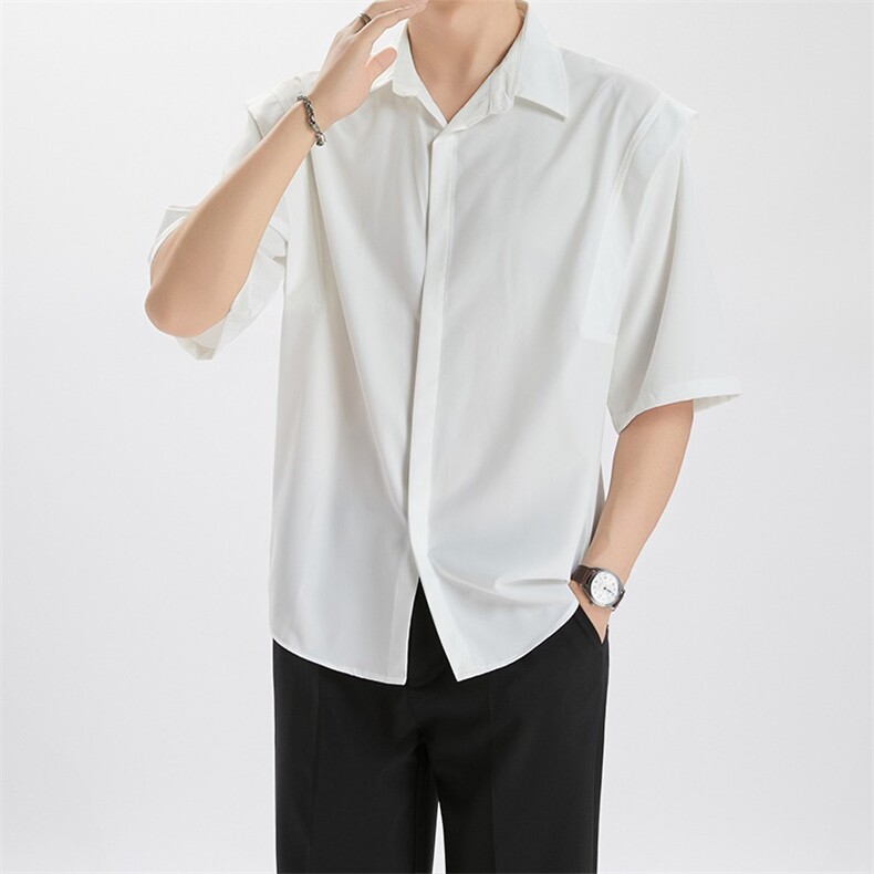 夏季宽松冰丝衬衫男轻熟风休闲暗扣短袖寸衫高级感简约百搭衬衣潮，男装T恤，星座1210-1