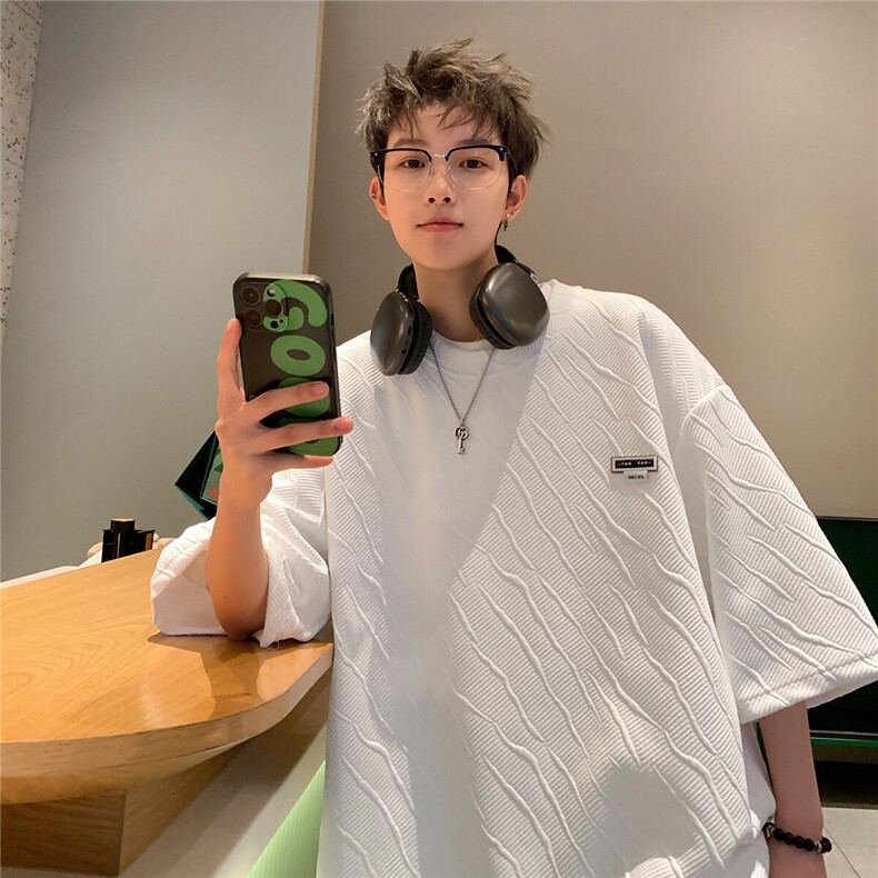 2026夏装圆领短袖潮牌T恤大码青少年五分半袖衫 T8602/P25 白色2图片