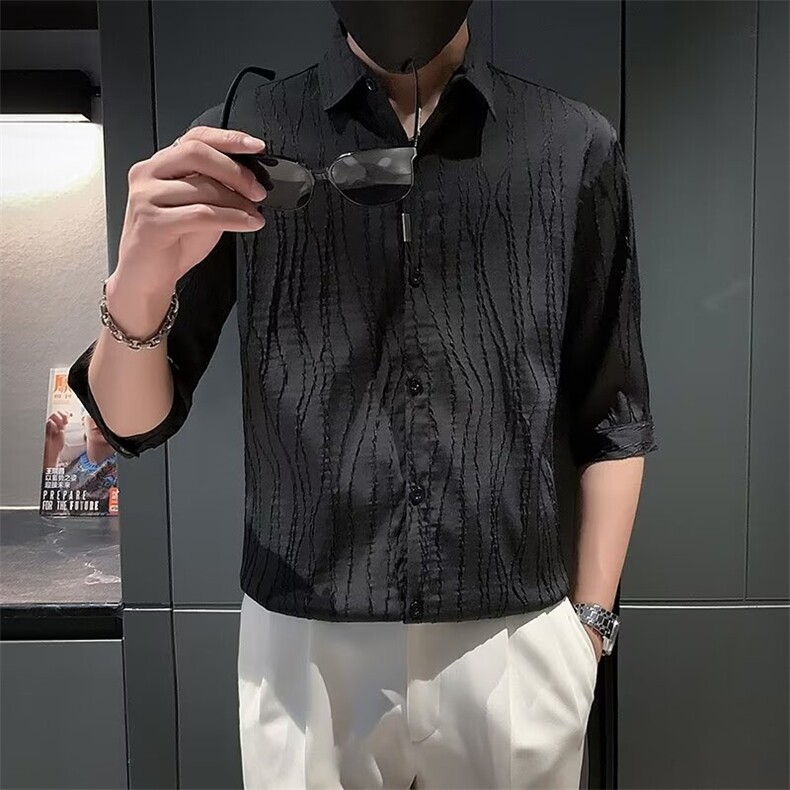 夏季冰丝套装短袖七分袖衬衫男士痞帅搭配机理纹理CC304,男装T恤,星座1116A-2（原606A-1）