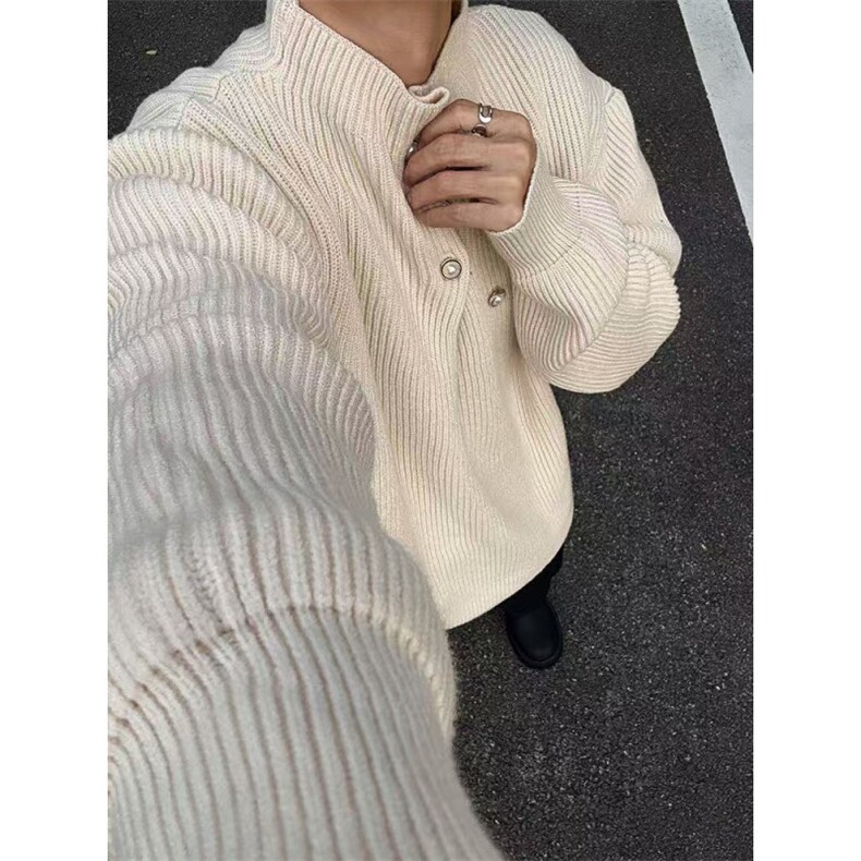 有货~杏色套头高领针织毛衣秋冬慵懒风纽扣设计高级感MY553特P58，男装针织衫/毛衣，星座1004-6