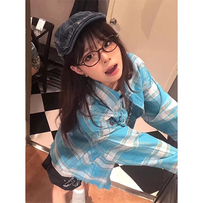 美式复古格子衬衫女春季刺绣蓝色衬衣防晒外套oversize高级感上衣,男装防晒衣,星座302B-2