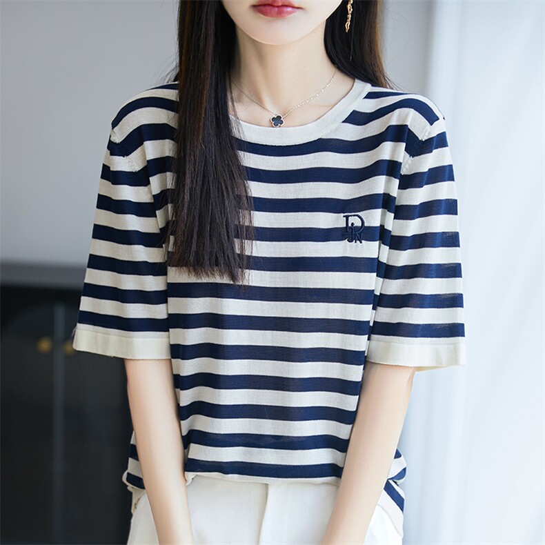 夏季新款100%莱赛尔天丝针织短袖女V领条纹拼色上衣打底宽松半袖图片