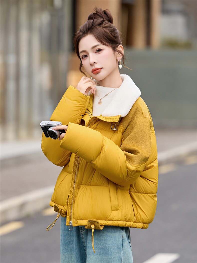 【现货现货】2025冬季新款黄色羽绒服短款加厚保暖羊羔毛拼接外套,女装羽绒服,一安秀