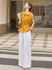 时尚通勤职场棉麻套装女2025年夏系带衬衫上衣+显瘦阔腿裤两件套，女装套装/套裙，艾仟回(原伊仟回)