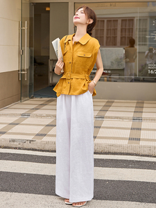 时尚通勤职场棉麻套装女2025年夏系带衬衫上衣+显瘦阔腿裤两件套图片