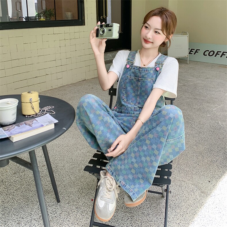 韩版格子蓝色牛仔韩系减龄背带裤女2025夏季新款甜系小个子连体裤,女装套装/套裙,2D078