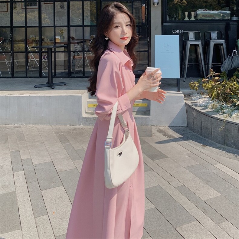 法式温柔风粉色衬衫裙春秋女2025新款气质甜美减龄收腰显瘦A字裙,女装连衣裙,浙宝276（原081）