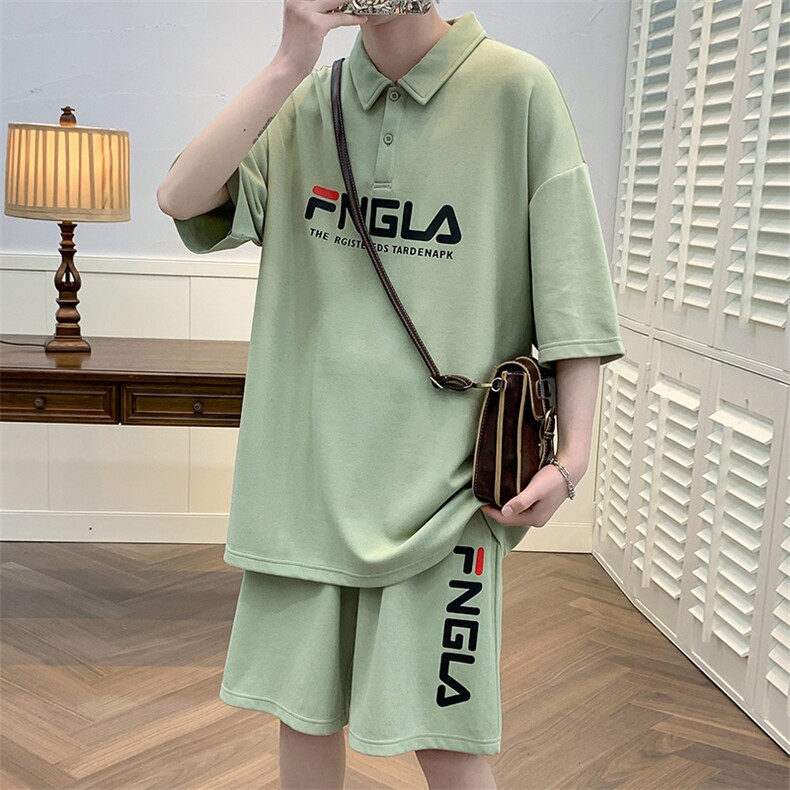 夏季港风运动休闲短袖POLO衫套装男情侣半袖短裤两件套6623-P60，男装T恤，电商A441-1