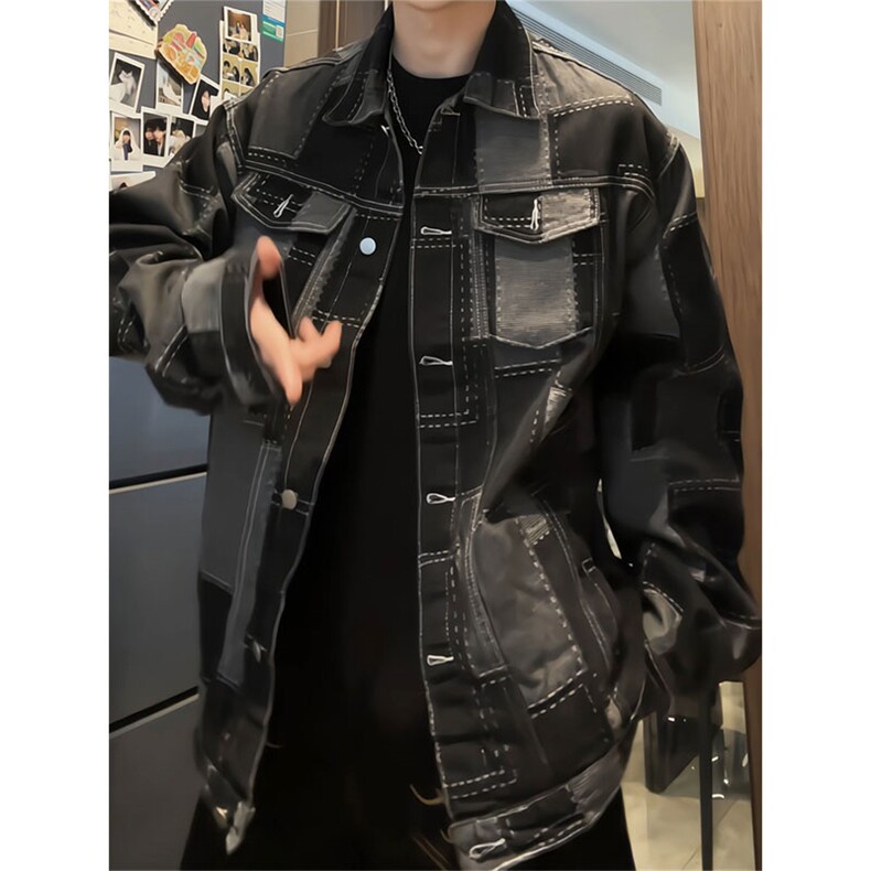 工装风拼接牛仔夹克男翻领宽松百搭外套青年纽扣上衣JA36-特价P58,男装夹克,电商A007