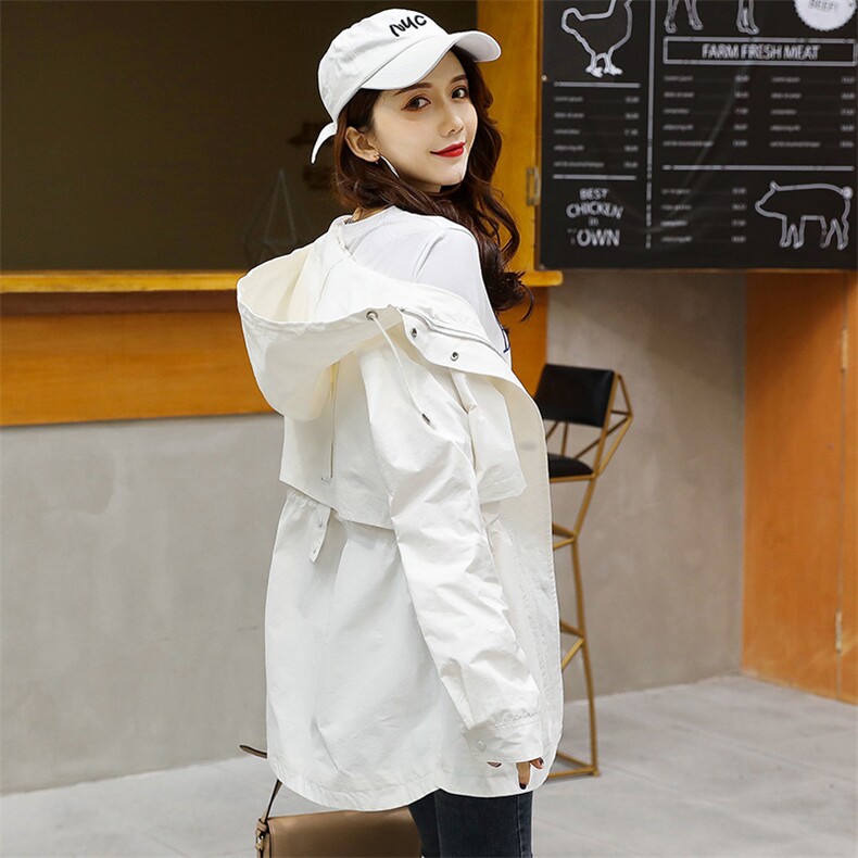 高端白色经典款连帽风衣外套女中长宽松春秋韩版新款休闲夹克上衣，女装风衣，艾瑞儿