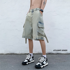 B221美式ins高街暗黑大口袋牛仔工装短裤五分裤LK23098-P65控88，男装牛仔裤，电商B221