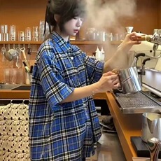 格子短袖衬衫男夏季上衣服情侣半袖衬衣美式宽松外套CS53，男装T恤，星座208-5