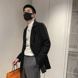 社会风秋纯色宽松西装领风衣夹克潮男配腰带B297-7707-P88控118