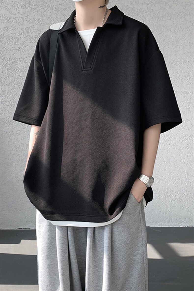 8XL-M假两件V领短袖t恤男夏翻领半袖宽松重磅华夫格大码DT001P40,男装T恤,电商B312