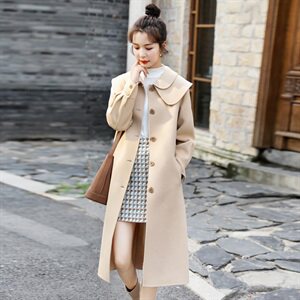 时尚单排扣韩版毛呢大衣 优雅显瘦长款外套 气质百搭女装图片