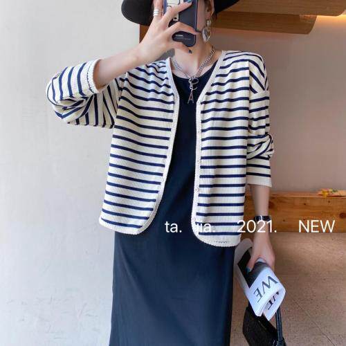 条纹宽松针织开衫，其它，她家