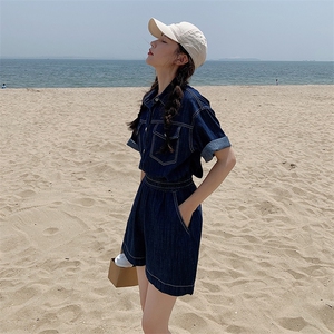 现货~！夏季薄款深蓝牛仔短袖短裤两件套套装女图片