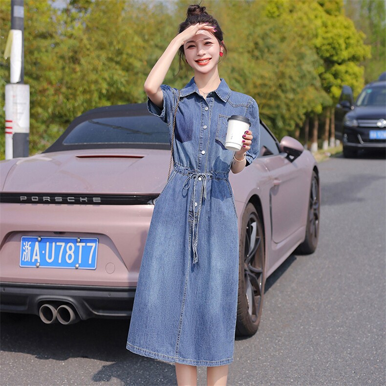大量现货！2024夏季新款女装韩版时尚显瘦中长款刺绣牛仔连衣裙,女装连衣裙,慧尚依恋