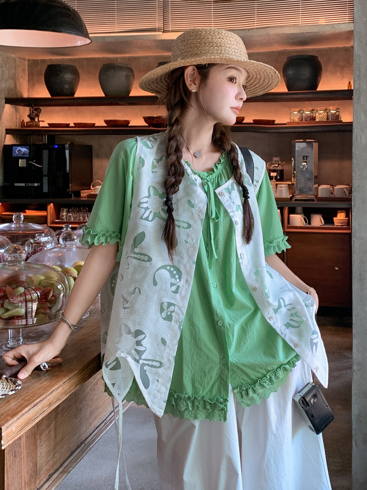 温柔风不规则蕾丝罩衫木耳边衬衣套装女夏季2025新款阔腿裤三件套,女装套装/套裙,含赞