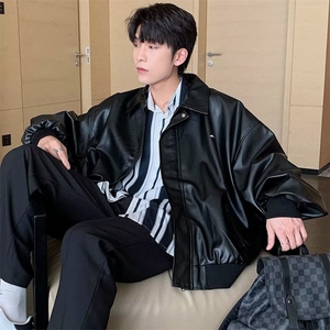 皮衣外套男款秋季美式高级感痞帅潮牌翻领宽松pu皮拼接机车服夹克图片
