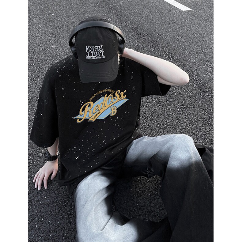 可48小时发货支持抖音得物来样二开美式满天星亮片短袖T恤MTX646,男装T恤,电商A486