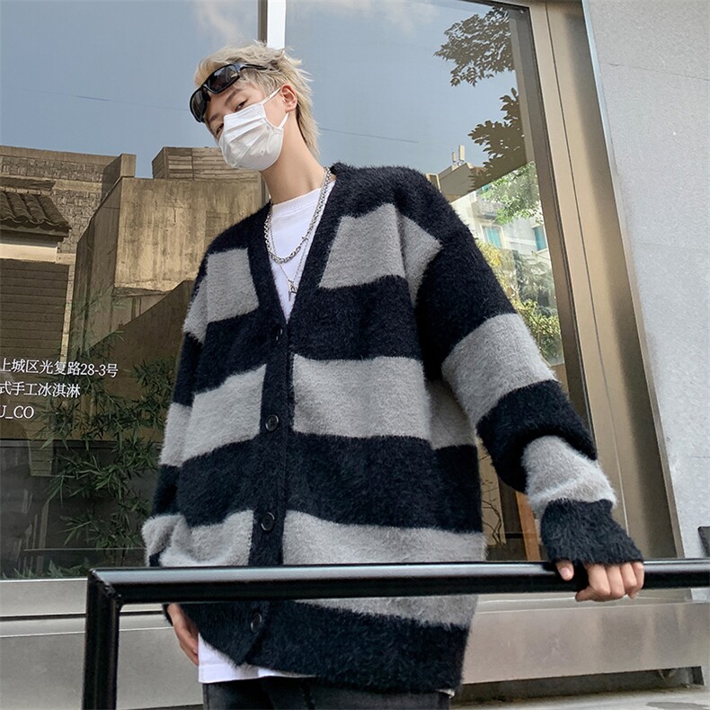 条纹毛衣日系慵懒复古男士针织衫秋冬季新款外套高级感线衣服,男装针织衫/毛衣,星座716-2