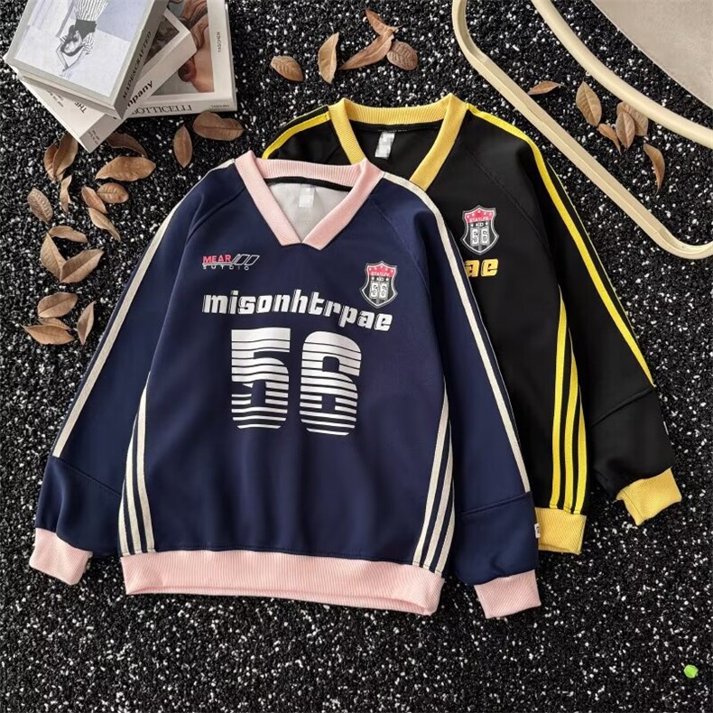 美式复古三条杠V领卫衣女秋冬新款设计感拼接oversize宽松上衣ins图片