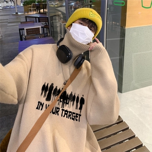 港风夜景创意人物字母印花时尚半高领毛衣A247-M6941 特批50控88图片