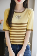圆领条纹短袖针织T恤女2025夏精纺薄款半袖小衫气质打底t恤衫上衣，女装T恤，暖烁羊绒