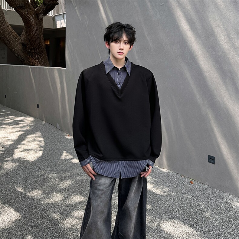 现货假两件拼接撞色翻领美式潮男百搭长袖T恤A071-3304-P55,男装T恤,电商A071