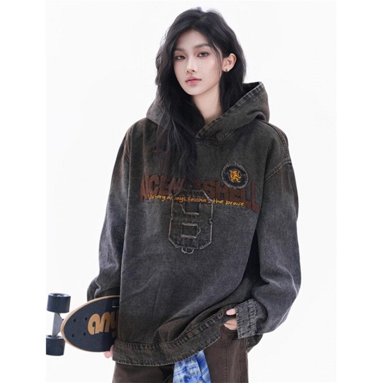 美式水洗做旧脏染植绒字母牛仔卫衣女宽松情侣设计上衣J1098,男装卫衣,星座1116A（原606A-3）