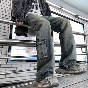 美式复古高街vibe做旧口袋工装牛仔裤男女直筒微喇CK1007-P50图片