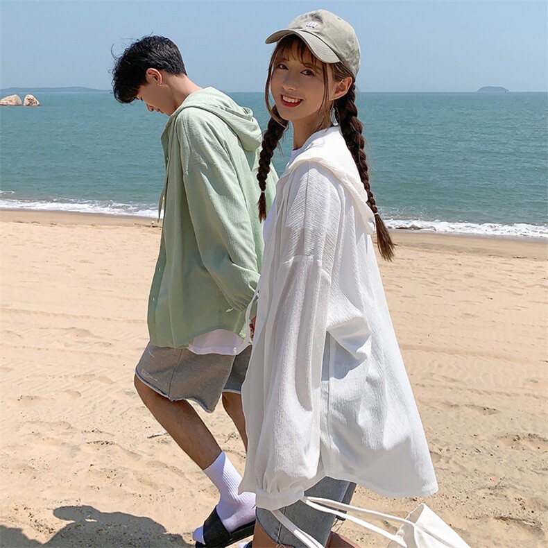 Y501夏新款港风情侣连帽宽松衬衣夏百搭休闲防晒衣遮阳沙滩服男女,男装风衣,星座115A(原星座507）